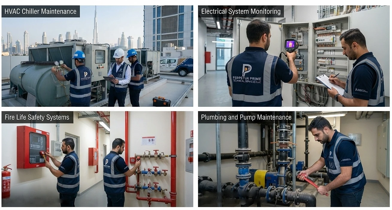 Annual maintenance contract works: HVAC chiller maintenance, electrical system monitoring, fire life safety systems, plumbing and pump maintenance