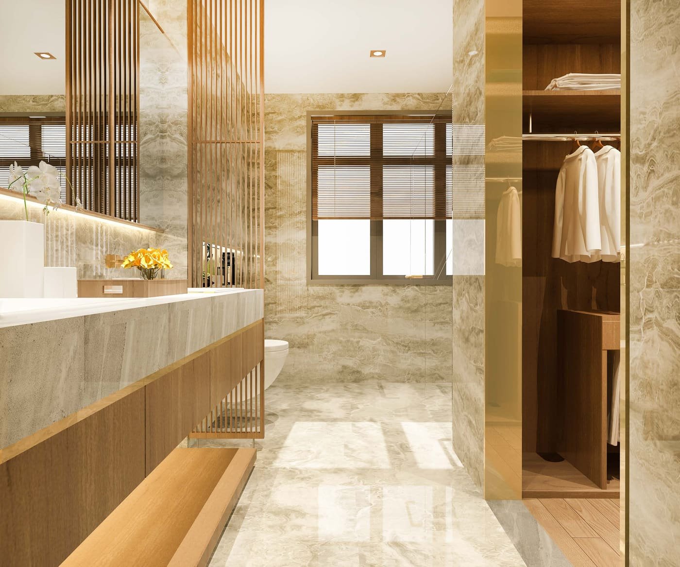 Bathroom & Wardrobe Fit-Out — Marble · Joinery · Lighting
