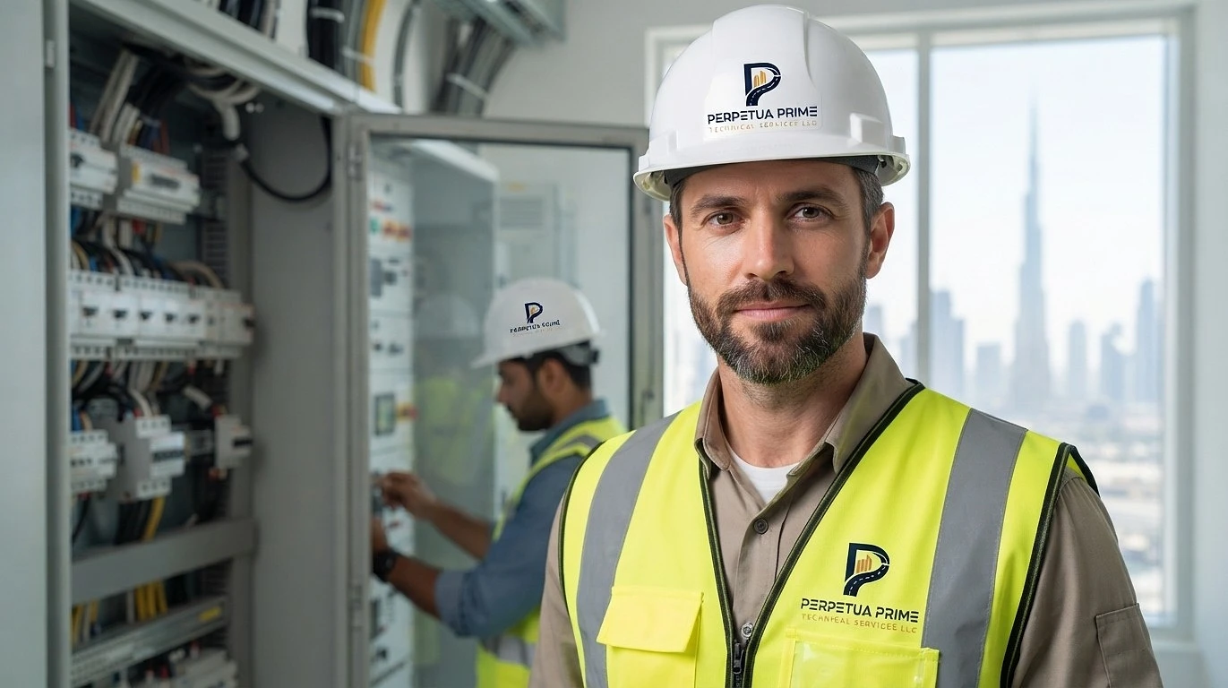 Perpetua Prime electrical engineer with a technician working on a distribution board in Dubai