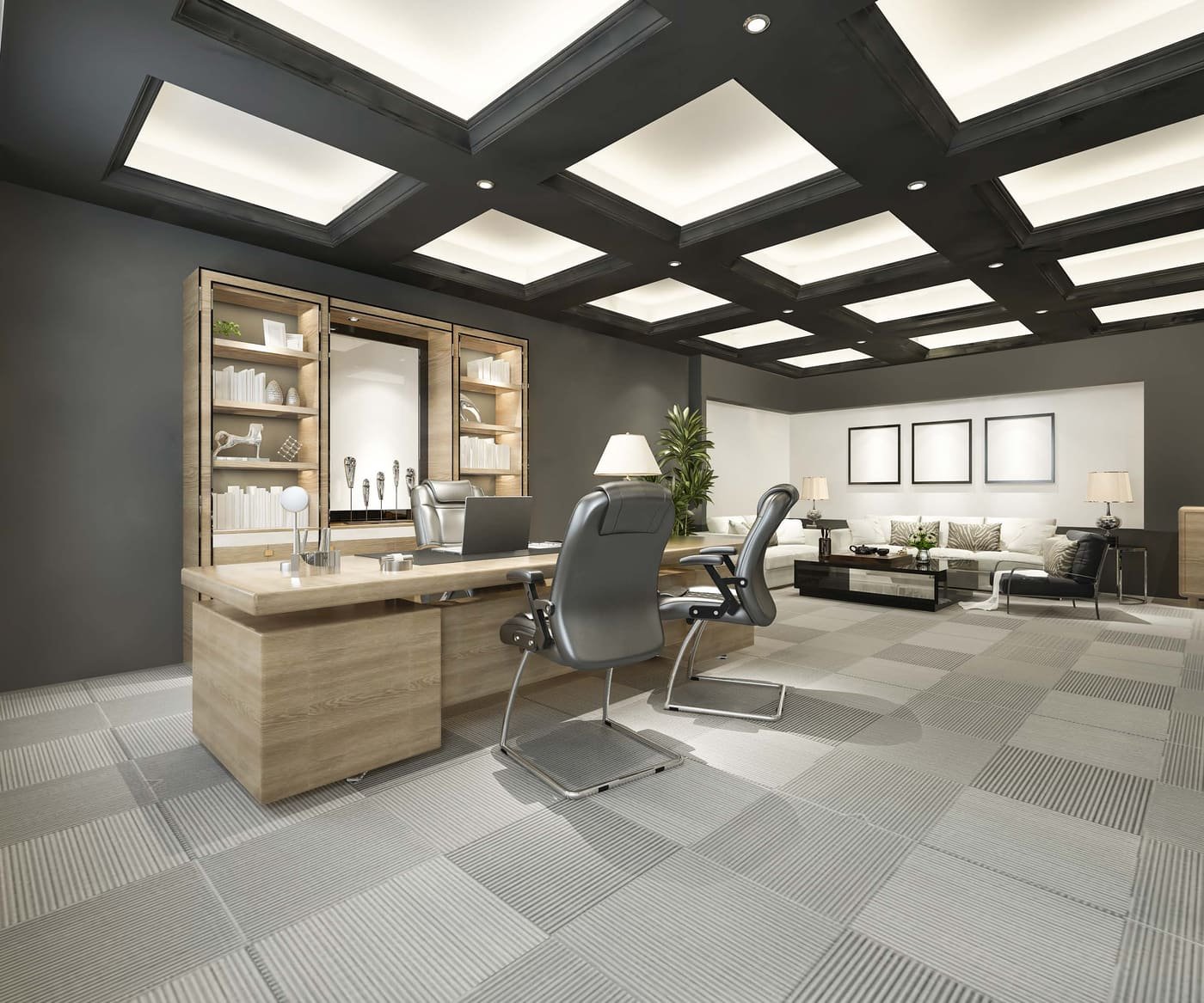 Executive Office Interior — Partitions · Coffered Ceiling · Joinery