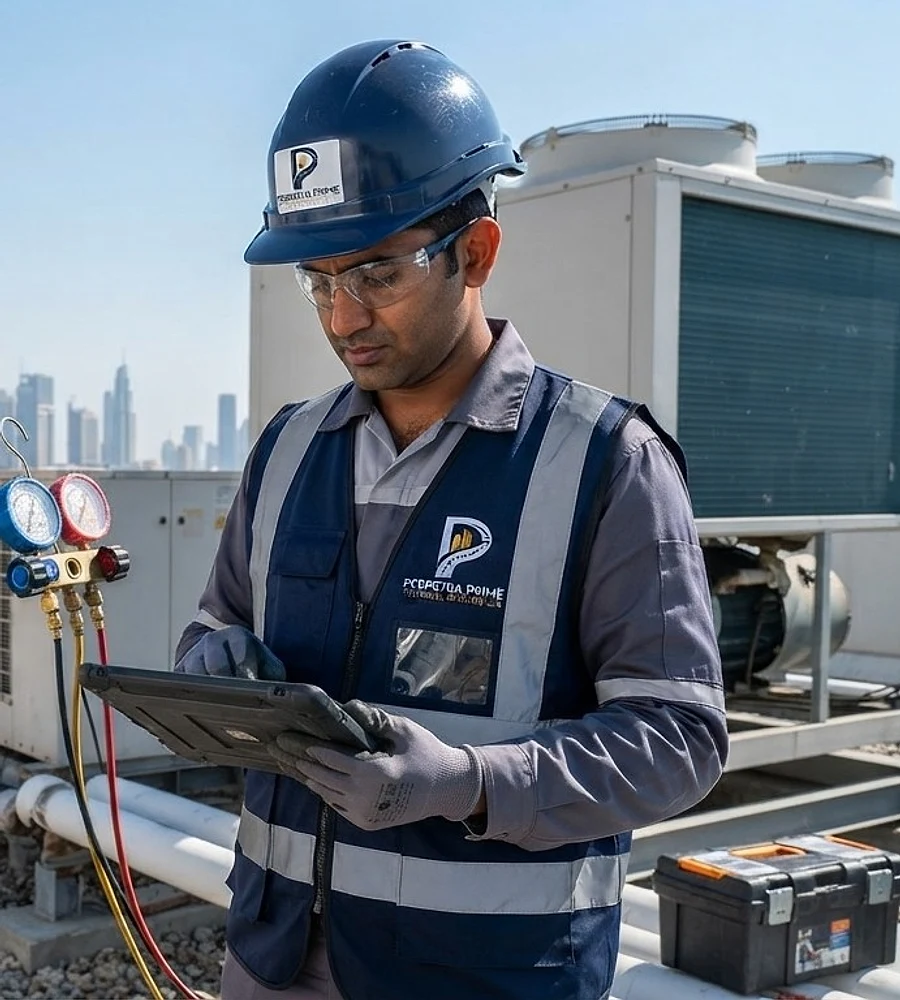 Perpetua Prime technician checking rooftop HVAC equipment with pressure gauges and a tablet