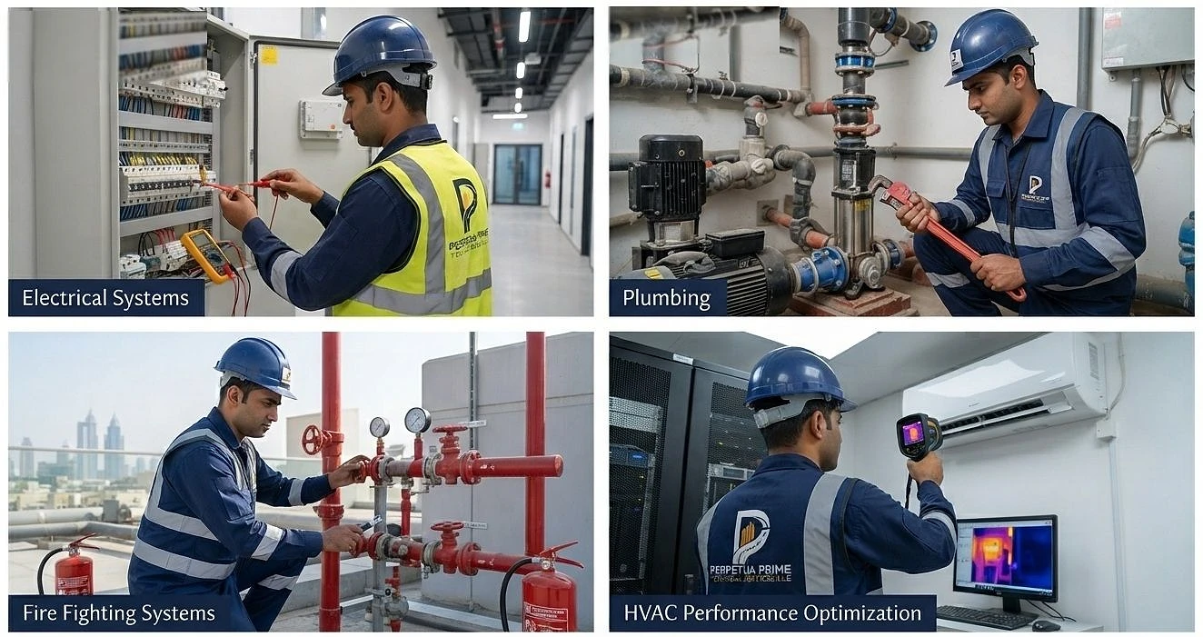 Hard FM services: electrical systems, plumbing, fire fighting systems and HVAC performance optimization