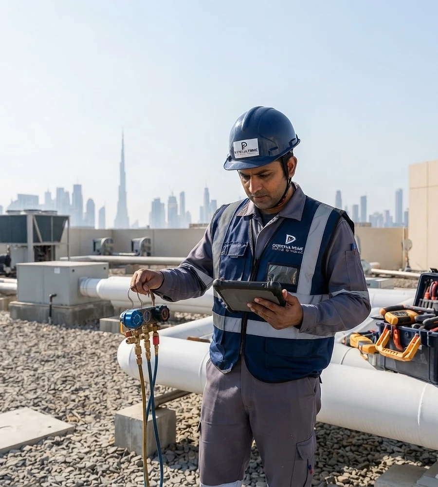 Perpetua Prime HVAC technician checking rooftop equipment with manifold gauges and a tablet, Dubai skyline behind