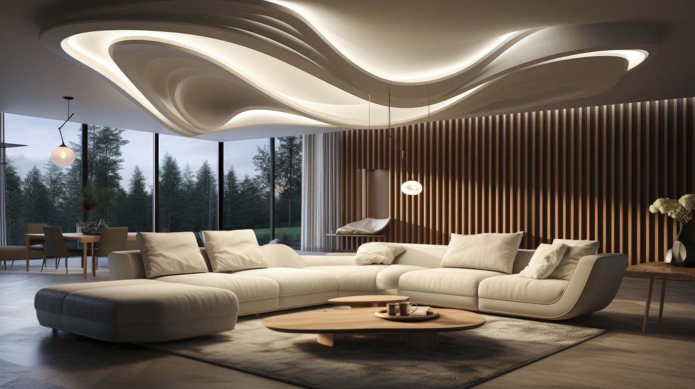 Sculpted Ceiling Lounge — Gypsum Ceiling · Wall Panelling · Cove Lighting