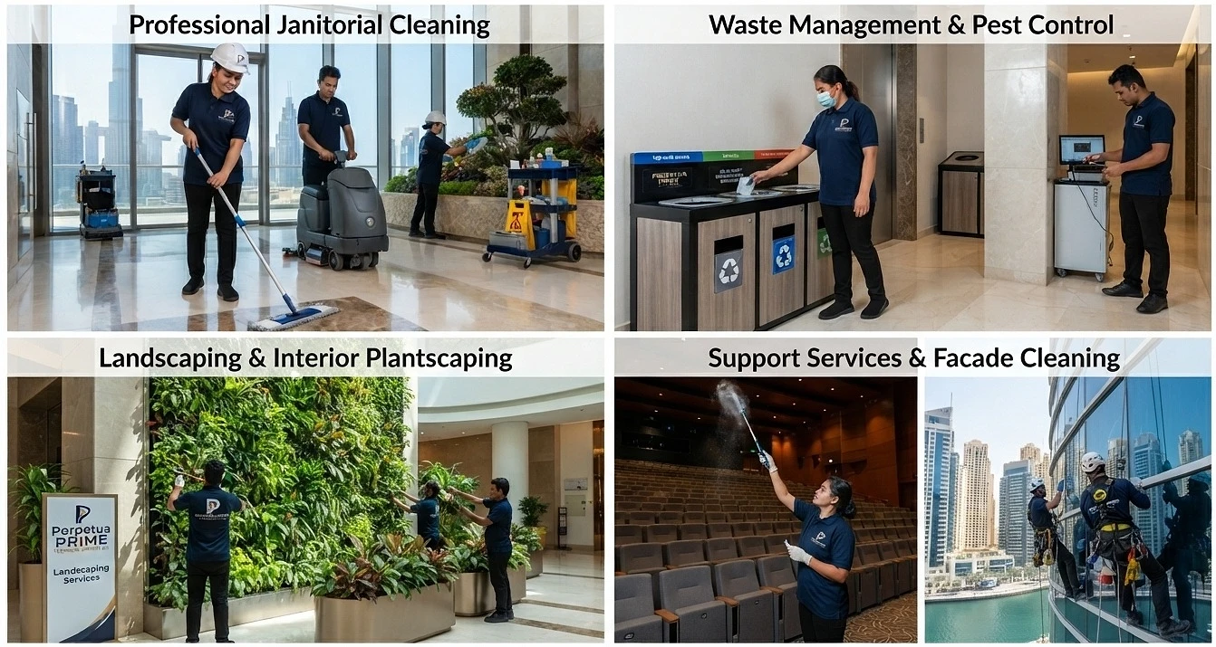 Soft FM services: janitorial cleaning, waste management and pest control, landscaping and interior plantscaping, support services and facade cleaning